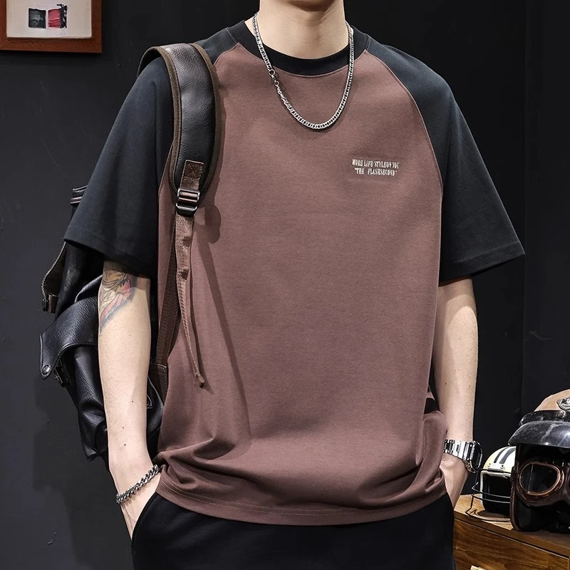 夏季2025新款拼色插肩美式潮牌短袖t恤男士大码高端衣服体恤男款