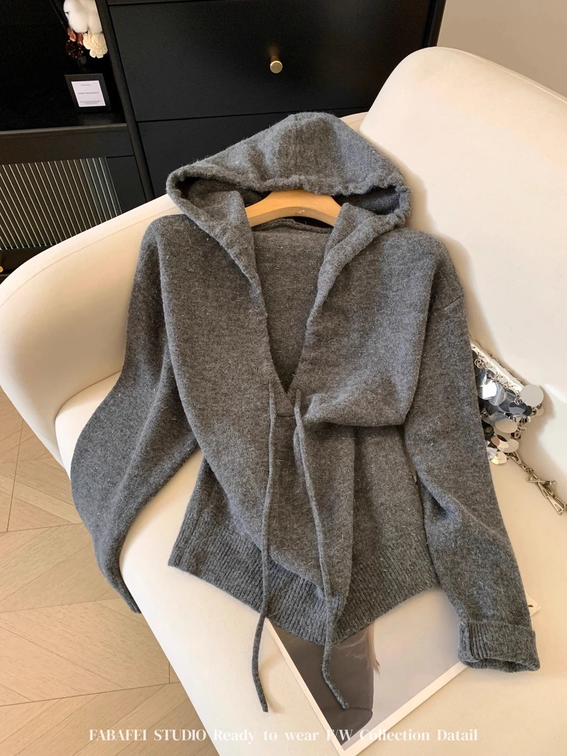 慵懒风连帽长袖针织衫女2025秋冬季设计感高级感帽衫外搭时尚上衣