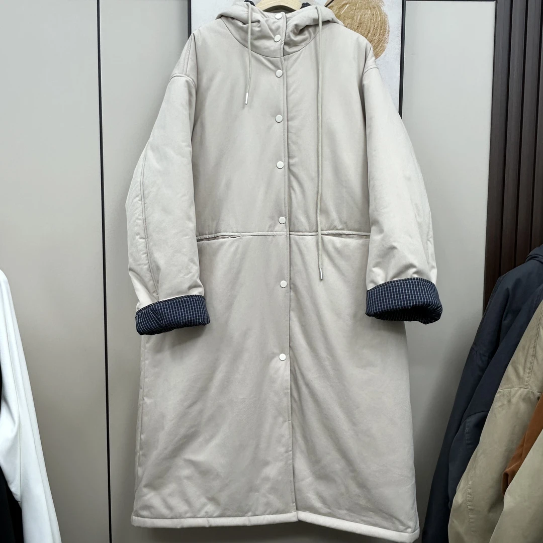冬季新款加棉加厚长款拼色连帽两面穿棉服外套