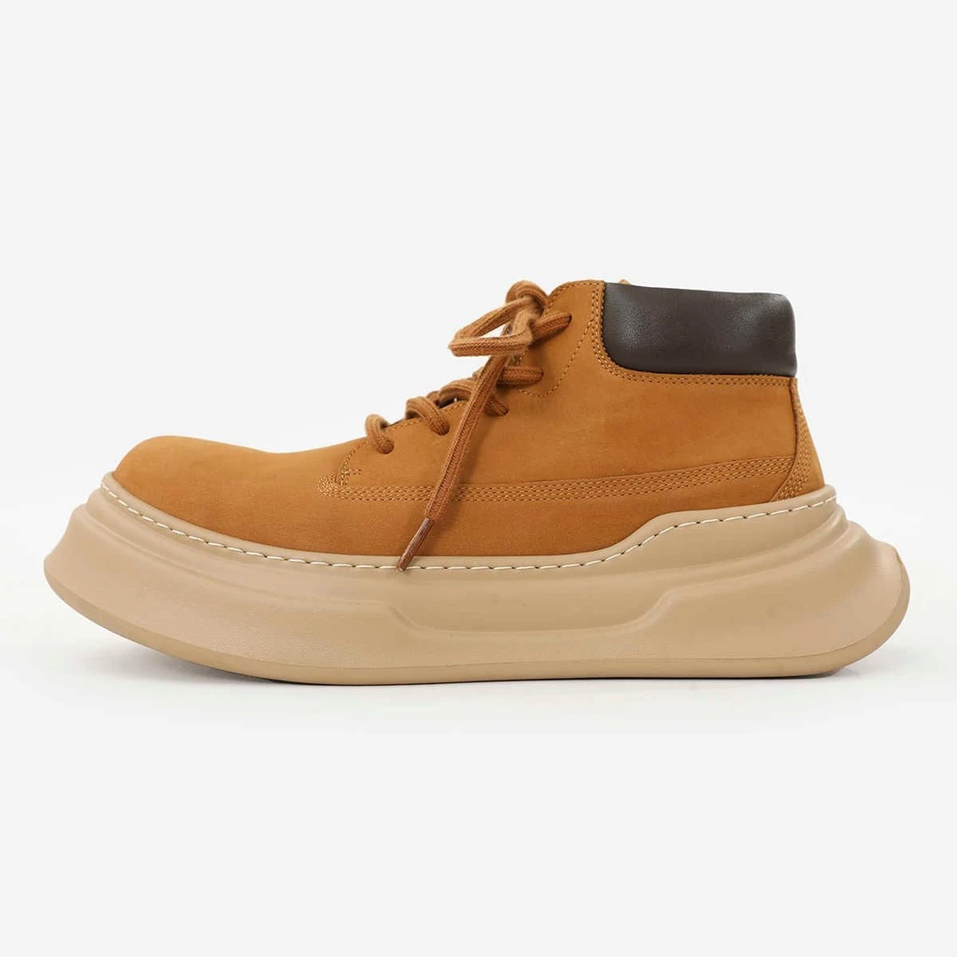 秋季复古高帮板鞋工装新款男士牛皮厚底大黄轻便马丁男鞋牛皮真皮