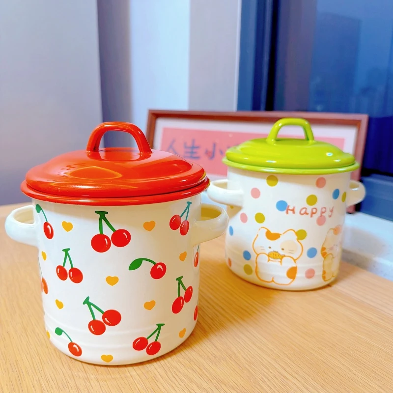 双耳搪瓷小汤锅 猪油罐 迷你炖盅 调味储物罐 糖罐 高温可加热