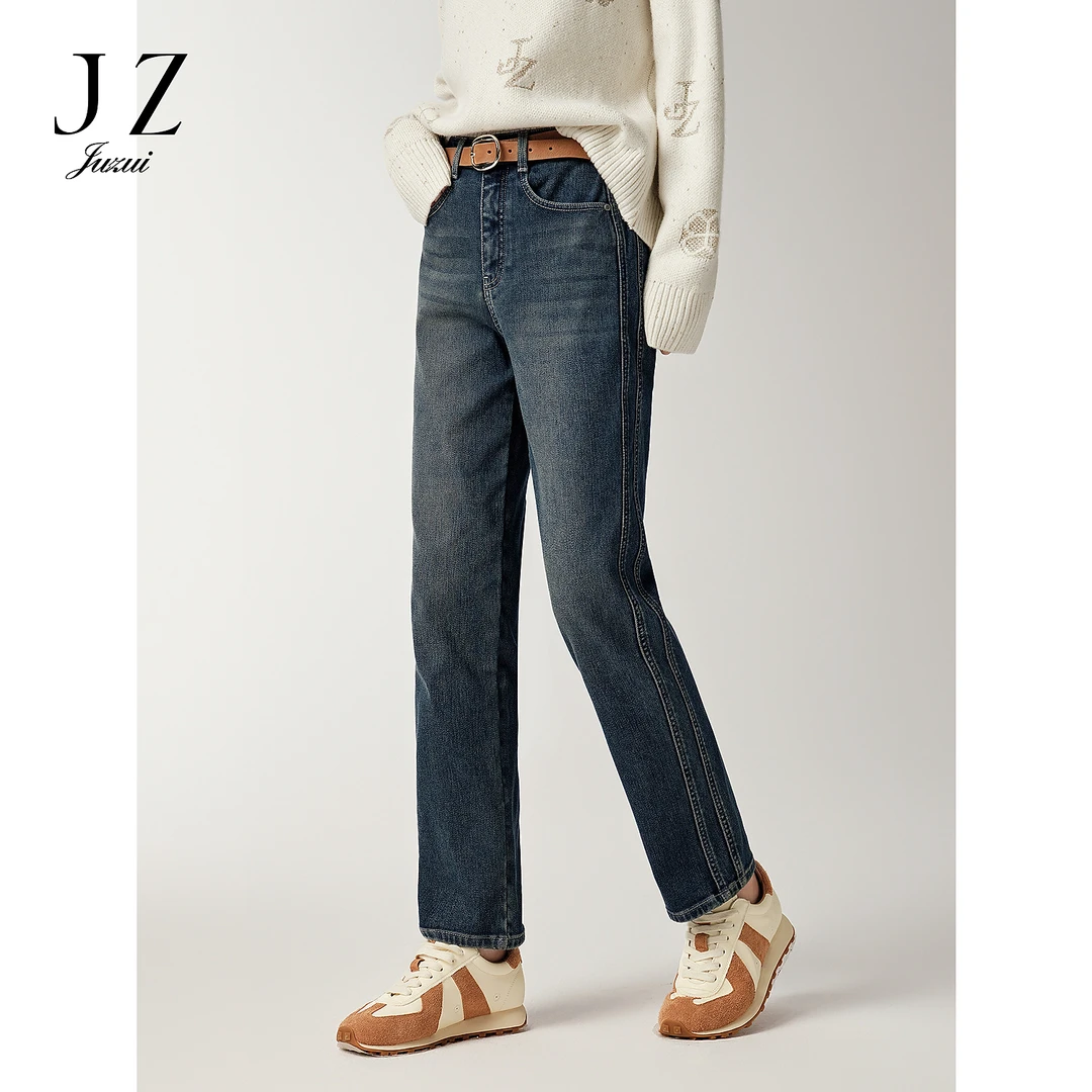 JUZUI玖姿加绒直筒牛仔裤女2025冬季新款休闲简约通勤风JTFD12101