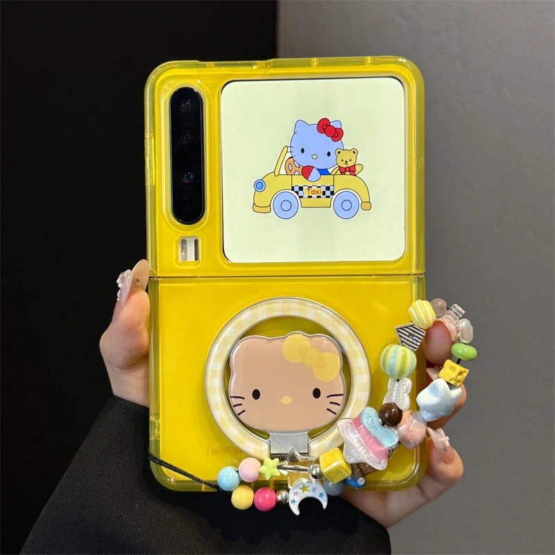 适用华为purax典藏版折叠屏手机壳pocket2黄色格纹kt猫磁吸支架女