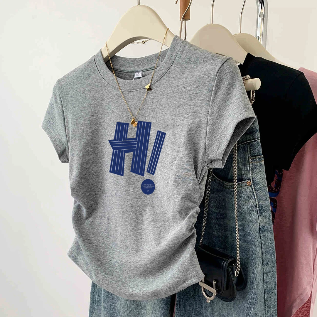 夏季新款女t恤短袖圆领小飞袖短款褶皱美式辣妹纯欲紧身收腰上衣