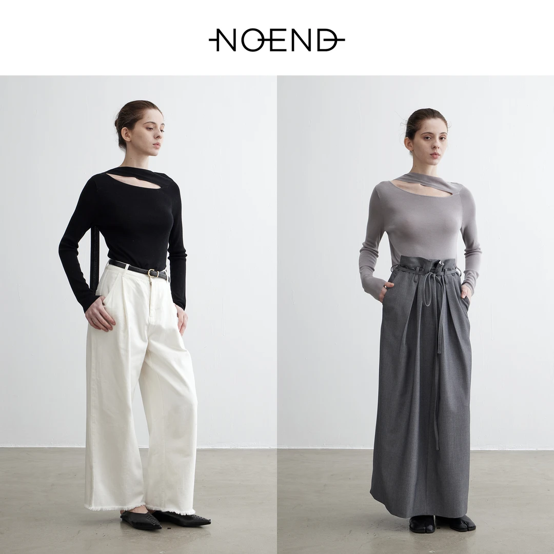 NOEND 25SS 斜切领斜肩飘带100%莱赛尔显瘦针织上衣