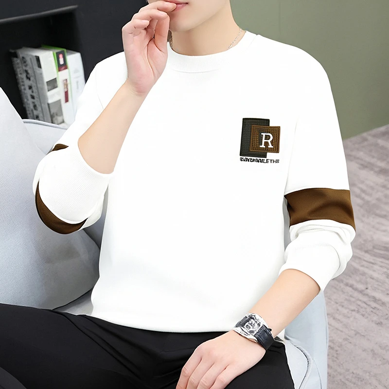 圆领卫衣男宽松休闲潮牌刺绣拼接男款上衣2025新款秋装套头打底衫