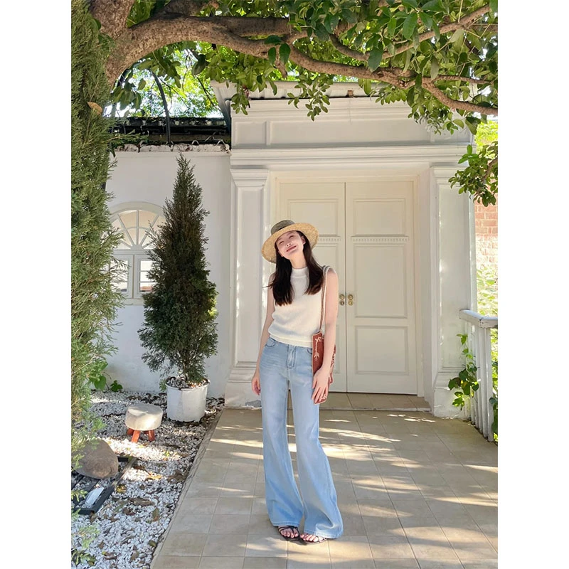 韩系通勤风休闲百搭时尚针织圆领无袖上衣高腰直筒阔腿裤长裤套装