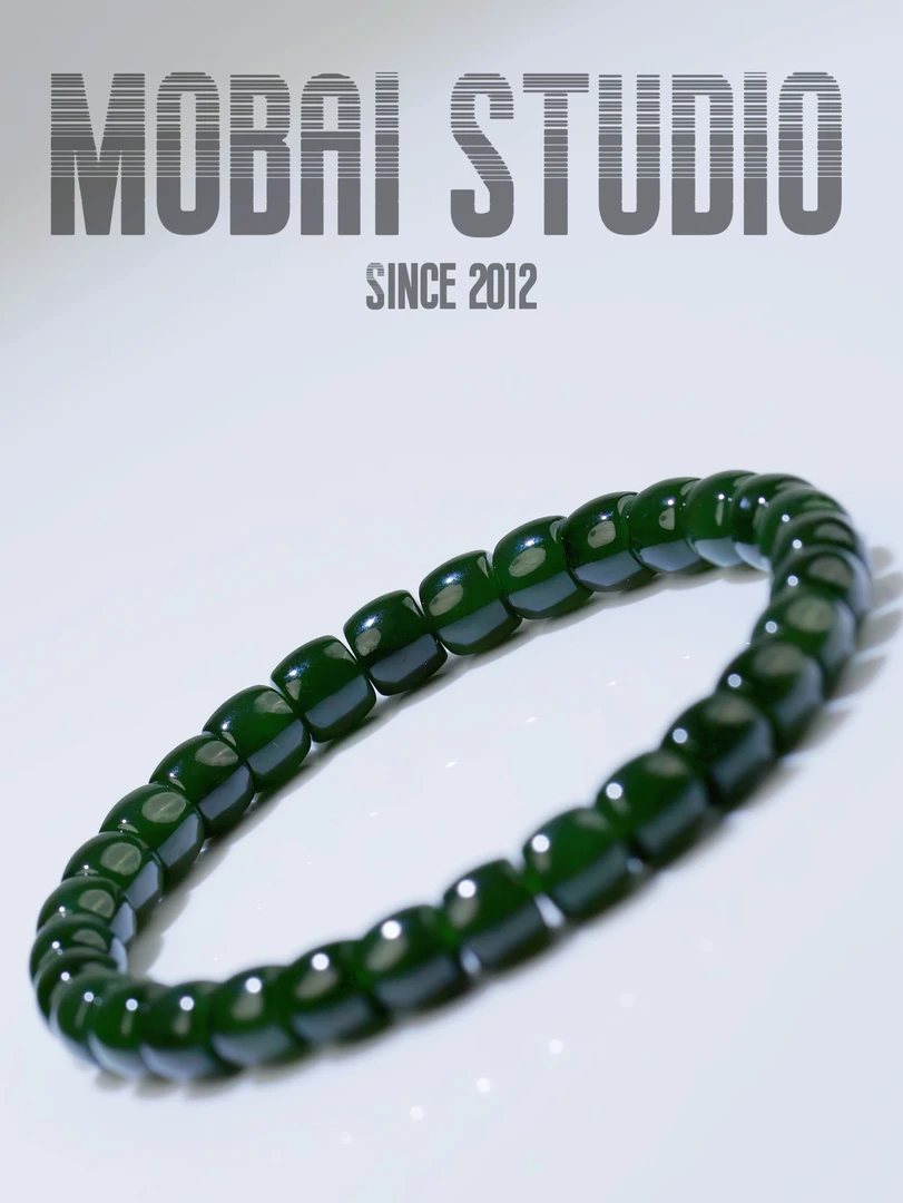 MOBAI默白出品-「菠菜绿和田玉」碧玉精工直切单圈手串 7mm