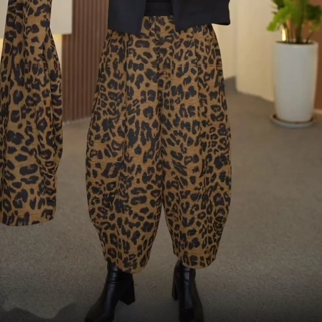 2025秋冬新款加厚高腰复古豹纹显瘦洋气哈伦款百搭花包灯笼裤