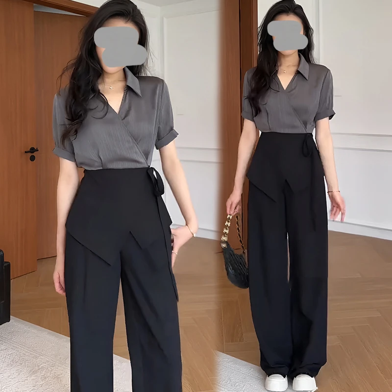 洋气衣服女2025夏季黑灰高级撞色收腰短袖衬衫显瘦直筒裤气质套装