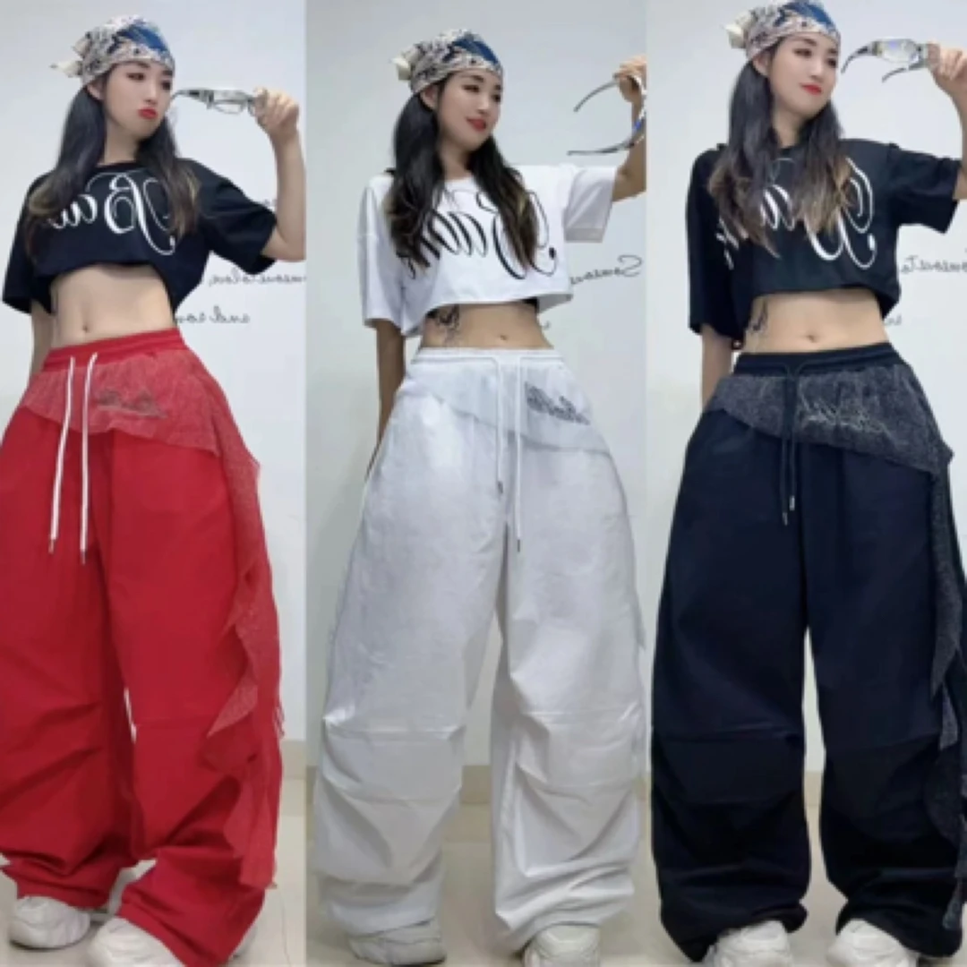 新丽服饰-潮牌翻边拼接网纱长裤阔腿休闲裤-2569