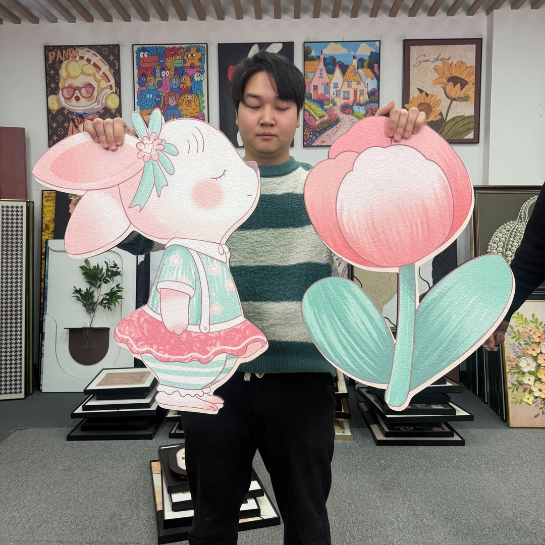 砂岩BB小兔花卉儿童房装饰画高级感艺术壁画