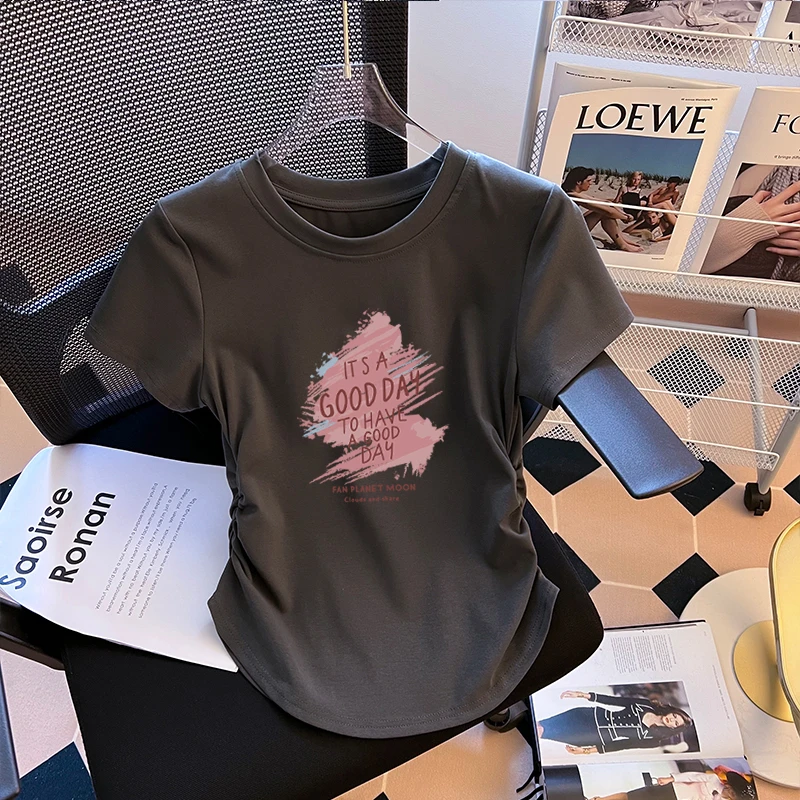 新款不规则正肩短袖t恤女夏季计感小众修身短款体恤爆款洋气上衣