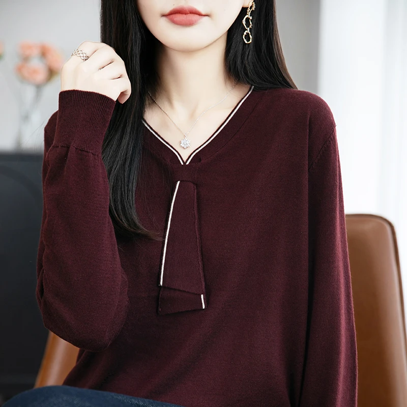 正品秋季新款V领长袖时尚百搭针织羊毛衫宽松显瘦毛衣