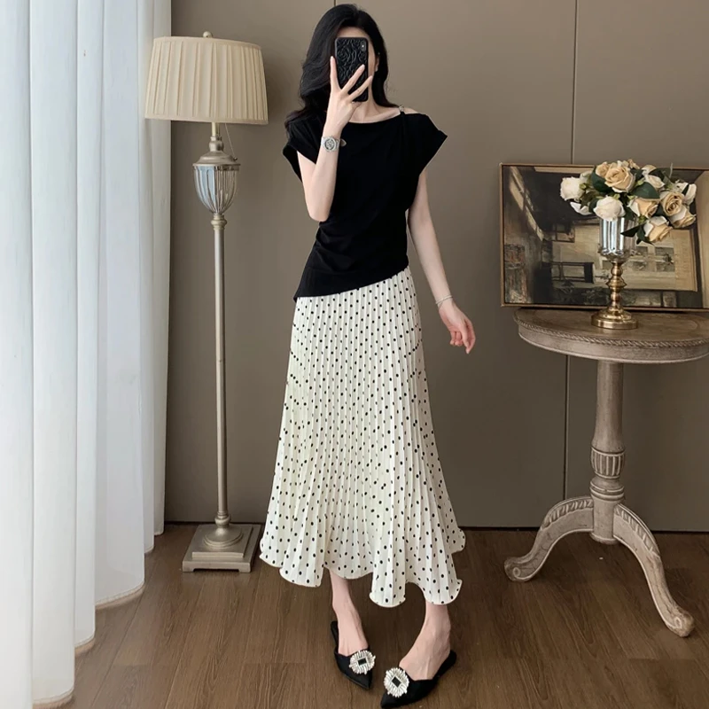 休闲高级感套装女2025夏季新款减龄气质短袖上衣波点半身裙两件套