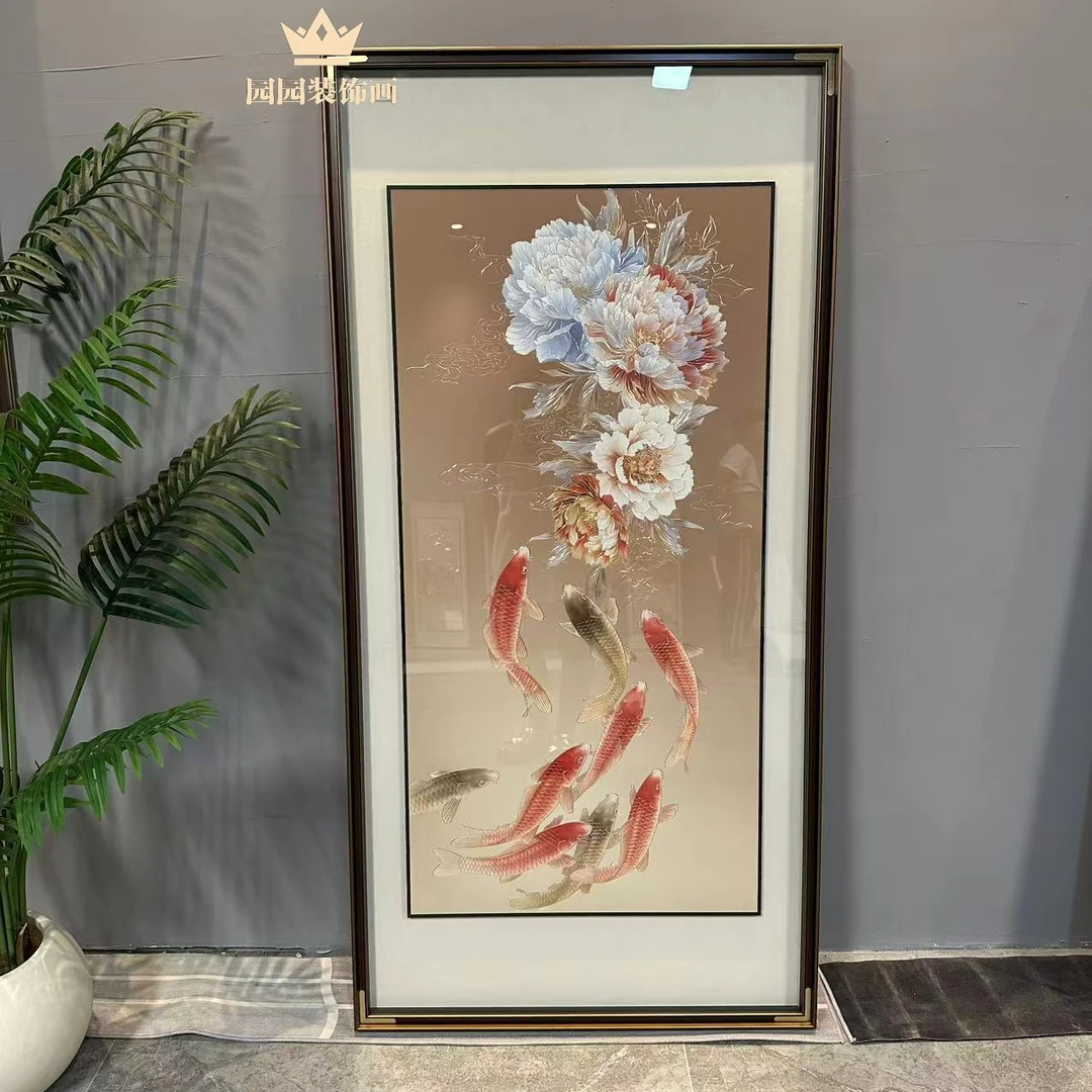 【牡丹九鱼】铜雕成品挂画现代新中式玄关高端通雕画装饰画