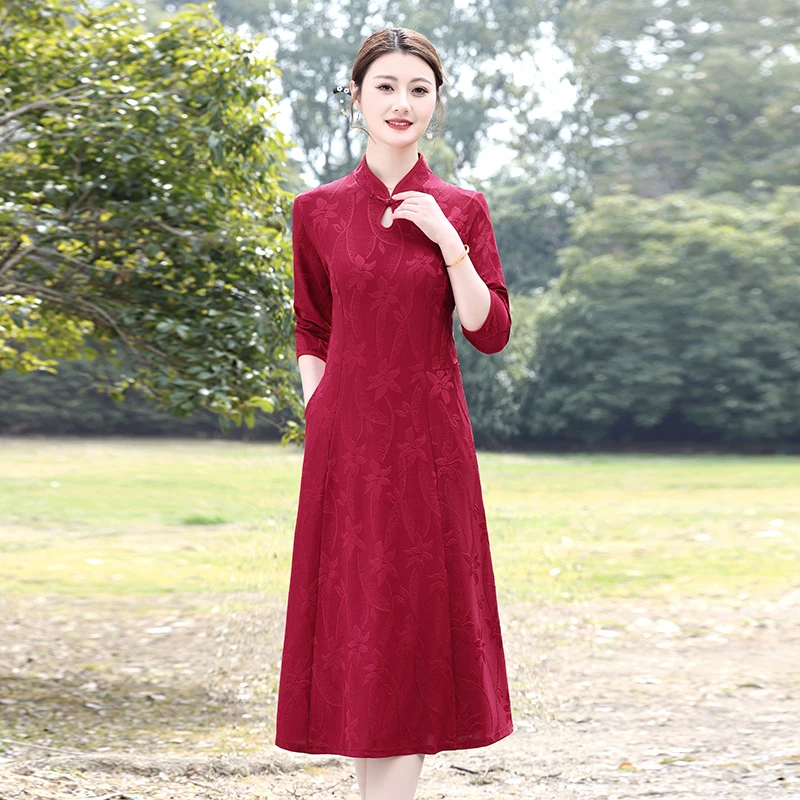 夏季新款新中式旗袍裙洋气时尚妈妈中袖提花连衣裙民族风高级裙子
