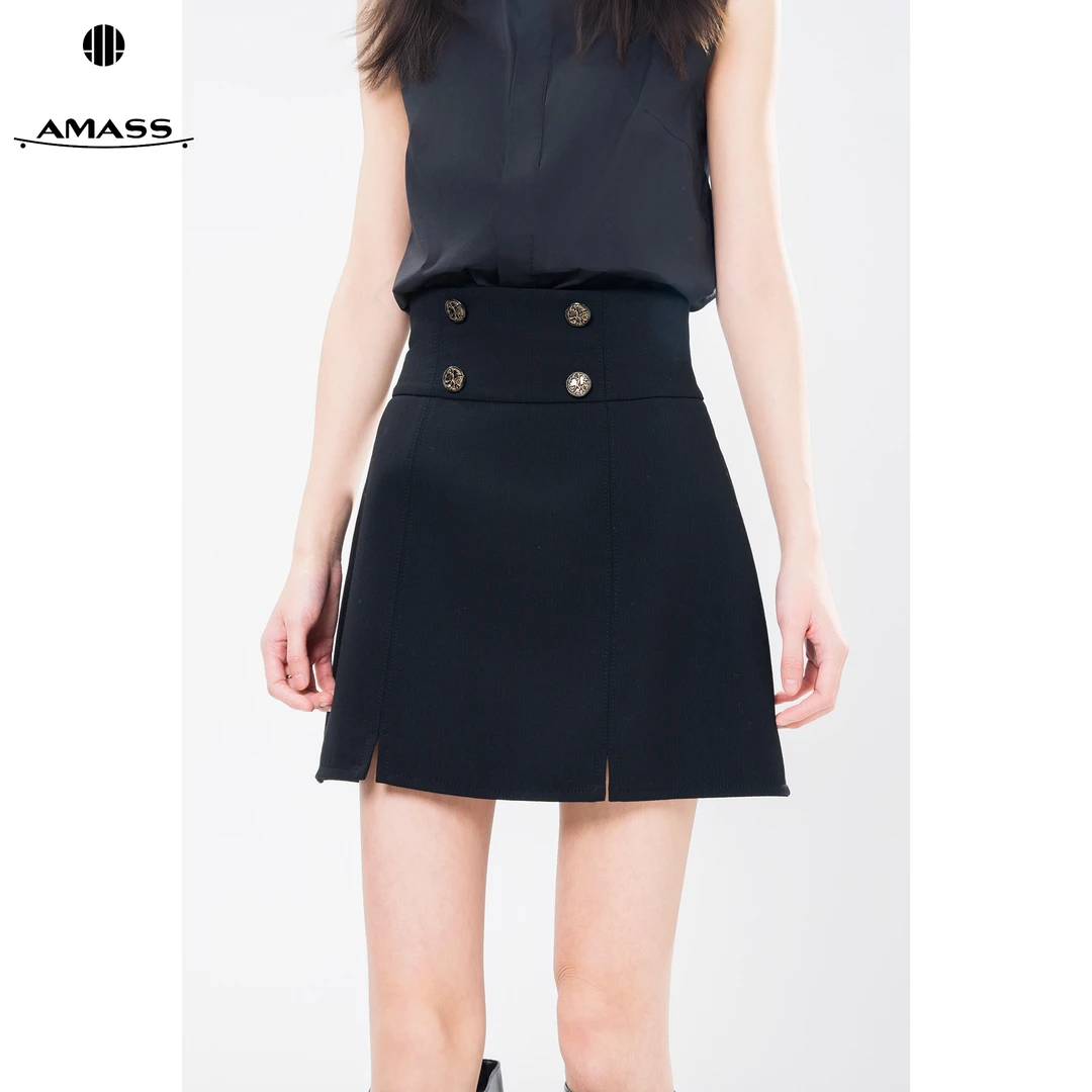 AMASS/阿玛施百搭时尚摩登学院风高腰双排扣开叉半身短裙 5200373