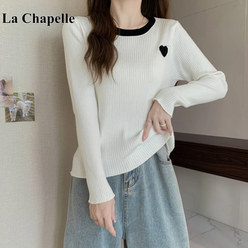 拉夏贝尔爱心刺绣长袖针织衫T恤女2025秋冬新款套头内搭打底毛衣
