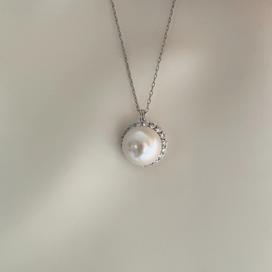 安***素淡水珍珠银S925镶嵌颈饰11-12mm