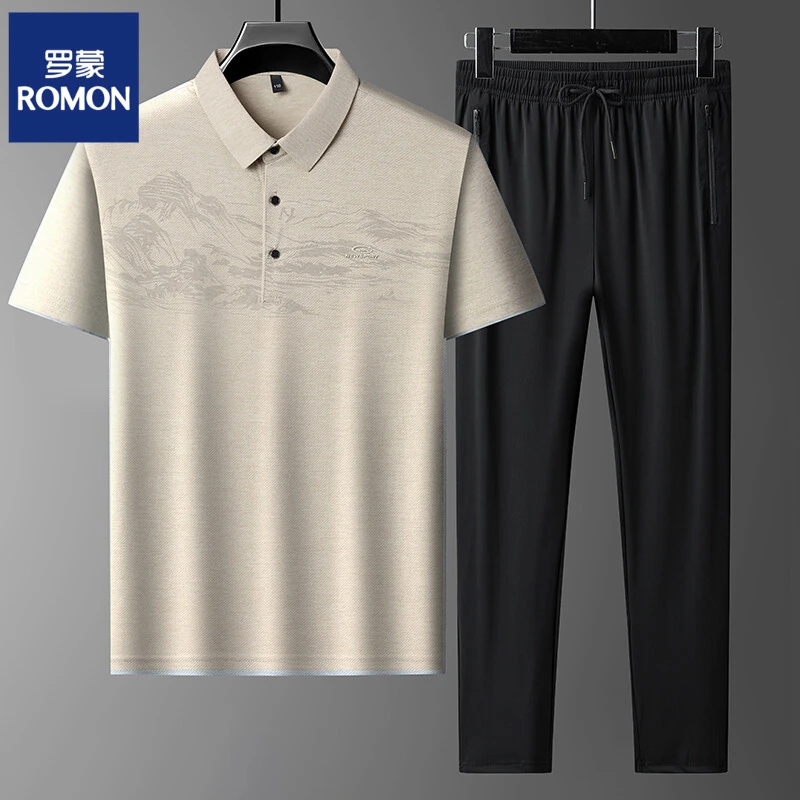 罗蒙男士夏季印花无痕休闲时尚翻领TOLO半袖T恤冰丝弹力长裤套装