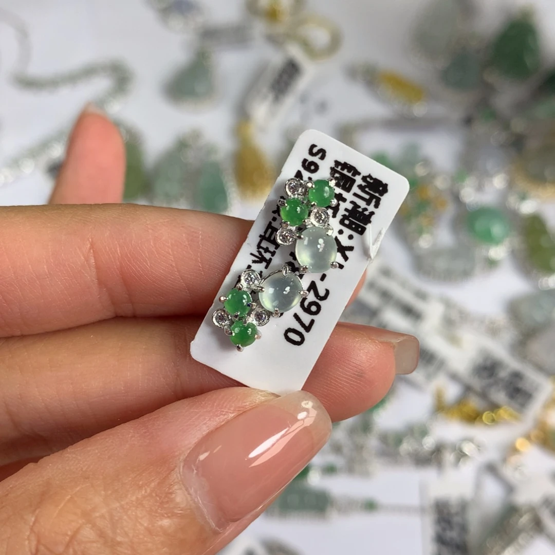 翡翠银S925镶嵌戒指耳钉