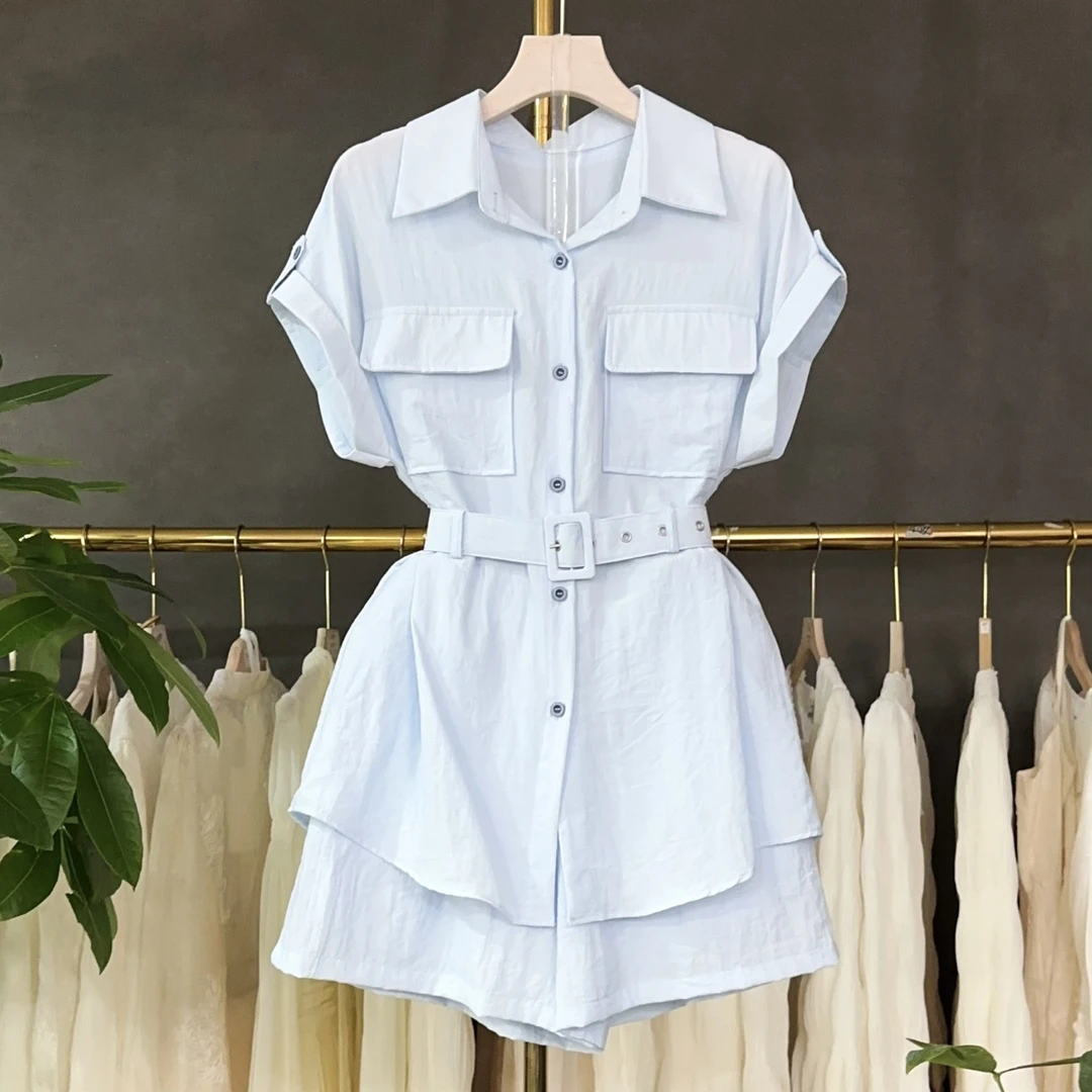 A363 夏季新款腰带衬衣+短裤两件套气质时尚女青年高级感一整套