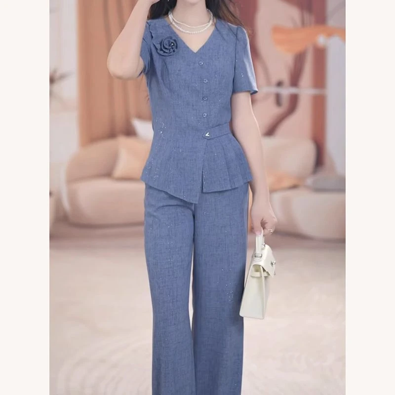 两件套气质短袖2025夏减龄新款阔腿裤时尚洋气显瘦上衣套装