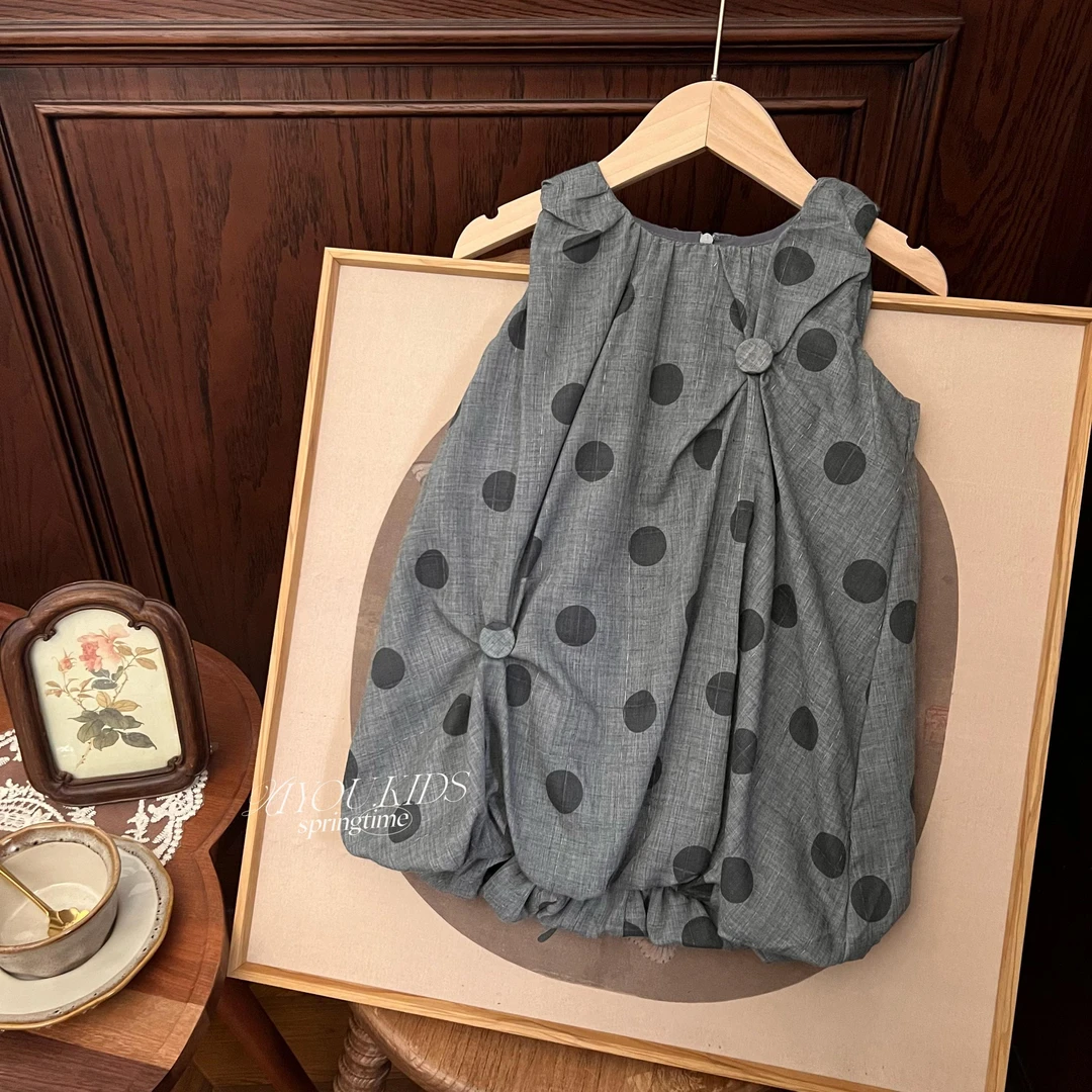 2025夏季新款女童森系设计款圆点无袖棉布公主背心连衣裙25008