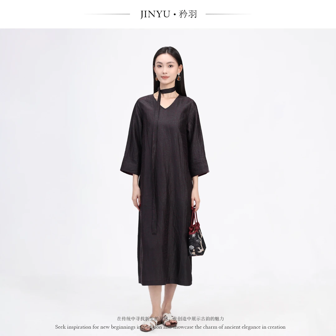 矝羽轩JINYU矜羽【阑影】香云纱龟裂纹新中式连衣裙女夏