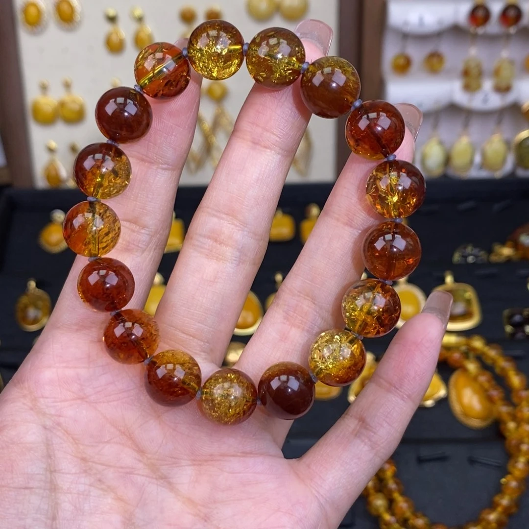 裸石琥珀未镶嵌红蓝金沙蜜16mm手串
