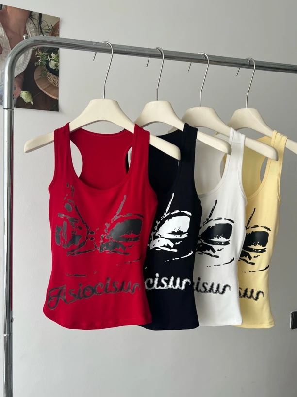 8801#美式辣妹红色涂鸦印花无袖修身显瘦吊带背心打底