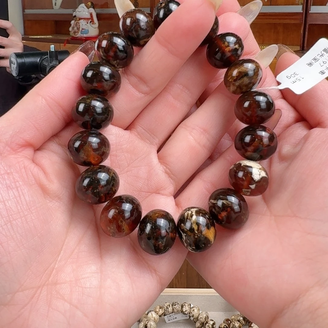 天***K琥珀未镶嵌手链抚顺琥珀 黑金花珀15M