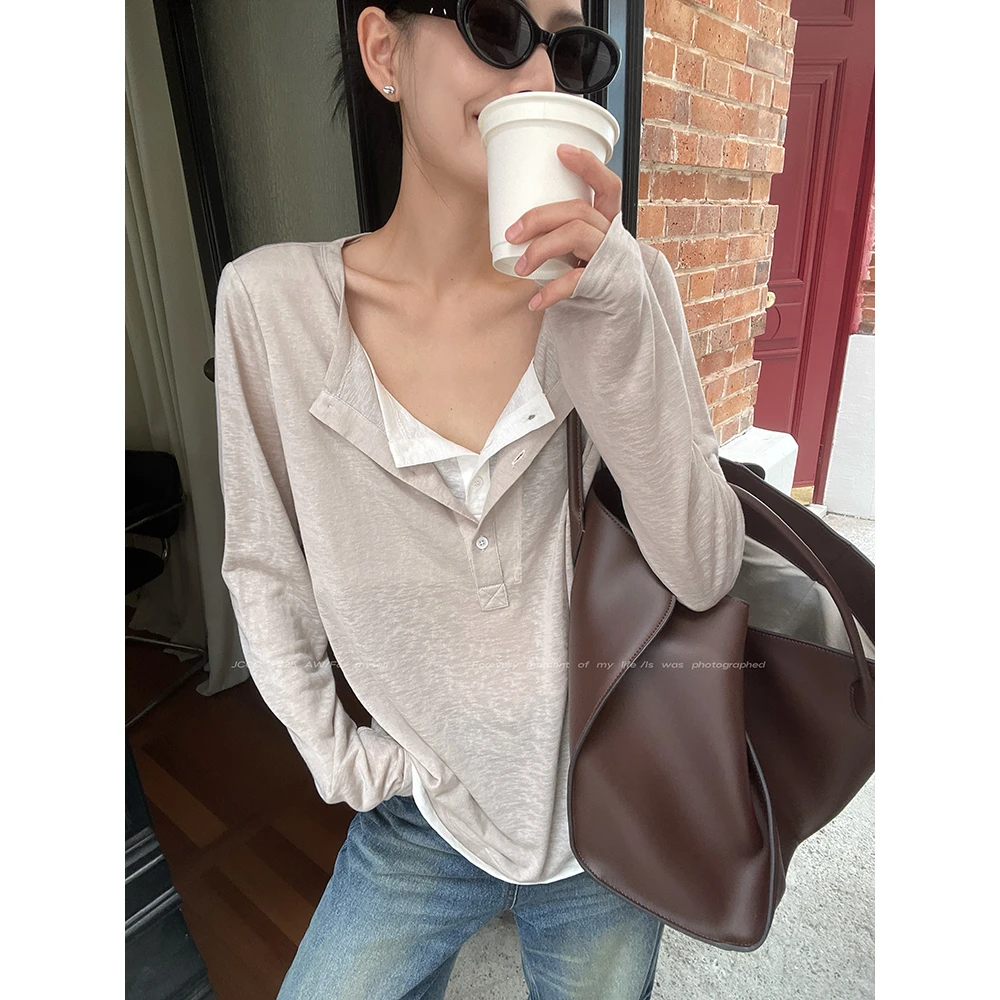 JCCC影子【错落告白】杏色假两件亨利领打底衫长袖T恤JE5BBT16