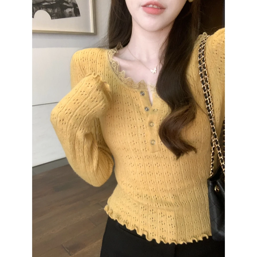 安安 蕾丝领钩花针织毛衣高弹收腰显瘦2024年秋季