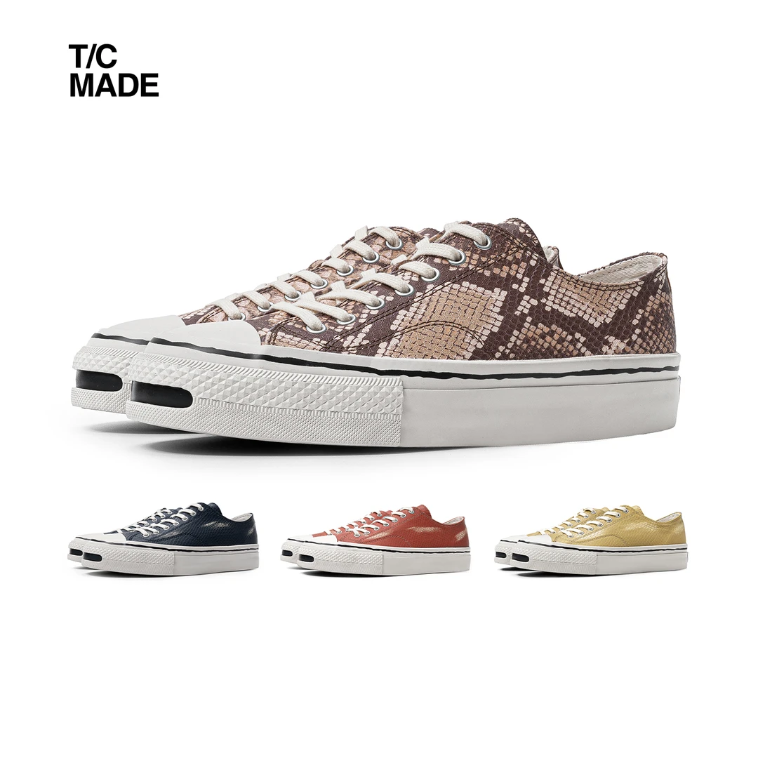 TCMADE 030蛇纹牛皮帆布鞋 开口笑低帮 厚底增高 泡棉硫化潮流鞋