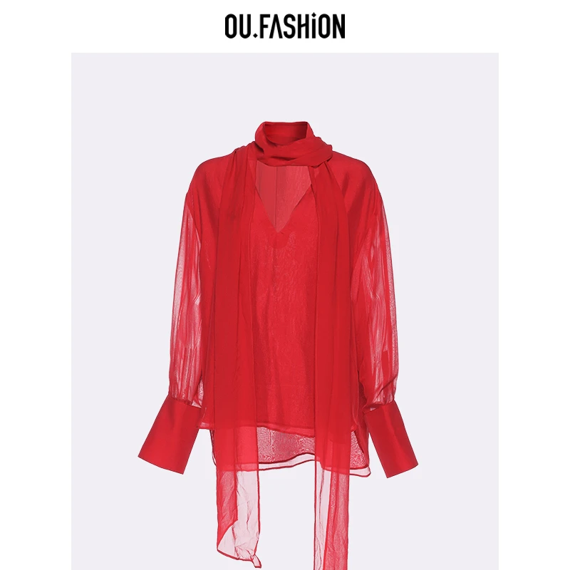 OU.FASHION/欧点飘带领红色衬衣女桑蚕丝礼服小衫1172410347
