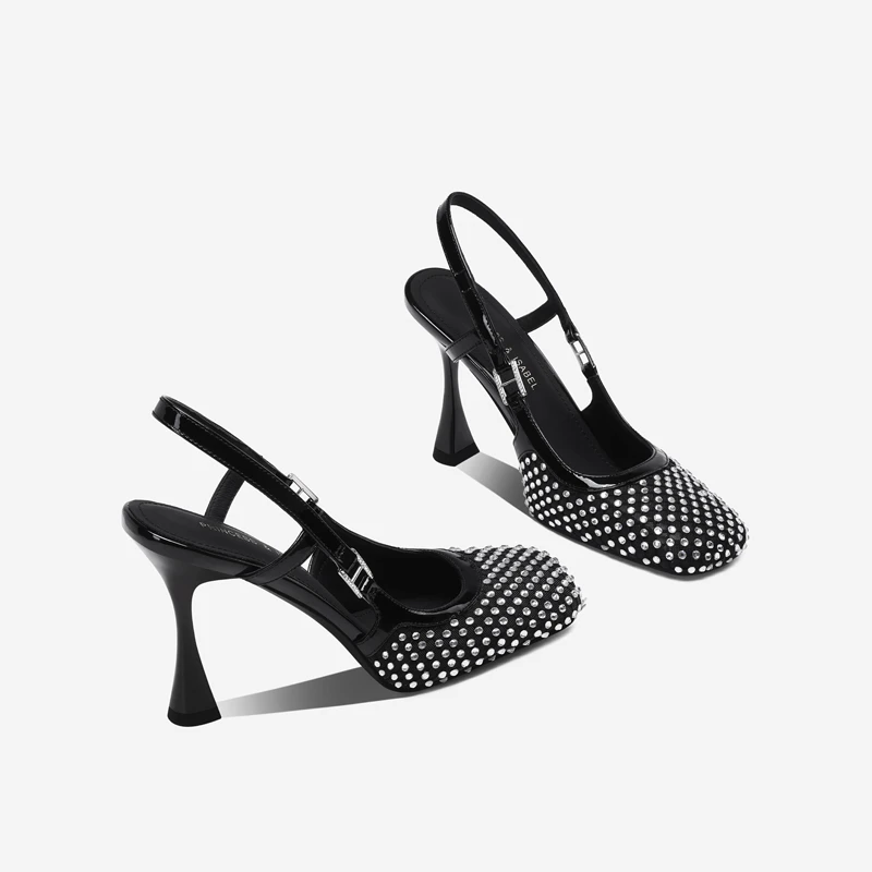 包头凉鞋女设计感小众2025夏季新款水钻时尚一字带黑色细跟高跟鞋