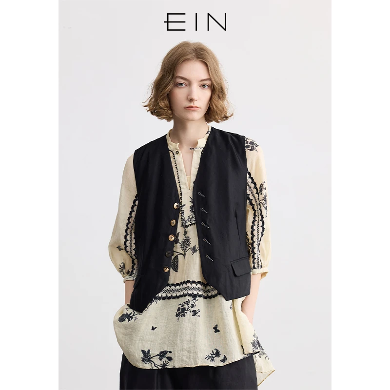 EIN/言流光亚麻V领叠搭复古文艺休闲通勤西装马甲背心女春夏款