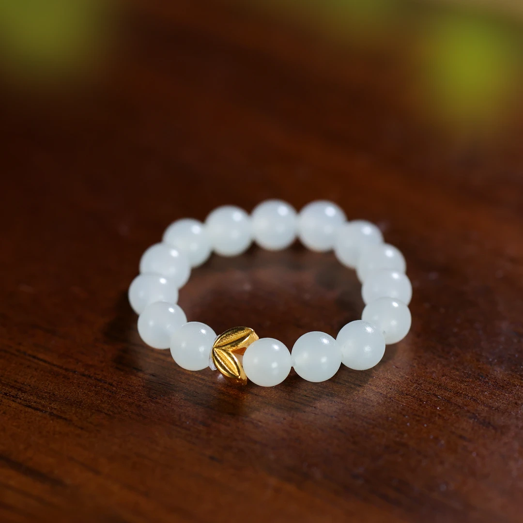 一叶知秋/18K金白玉戒圈