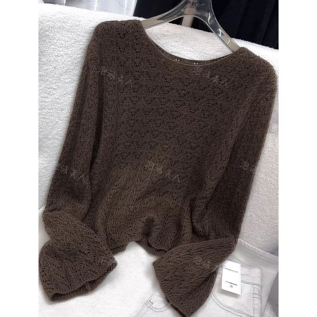 咖啡麦穗」宝藏百搭款！薄款镂空圆领显瘦针织衫女25春夏新款