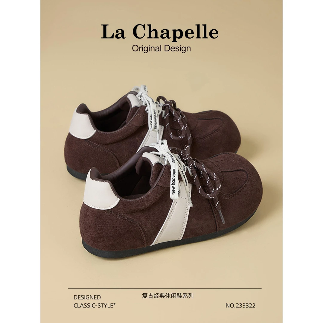 拉夏贝尔复古德训鞋女2025新款秋季厚底内增高小白鞋休闲运动板鞋