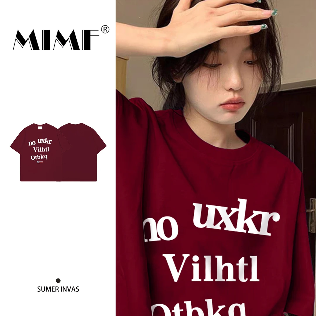 mnmf酒红色oversize夏季短袖T恤女装新款半袖上衣打底衫印花ins风