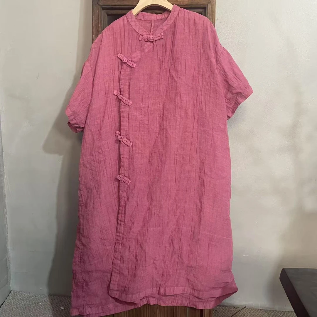 M631麻料连袖连衣裙双开叉设计宽松气质长款中式风格