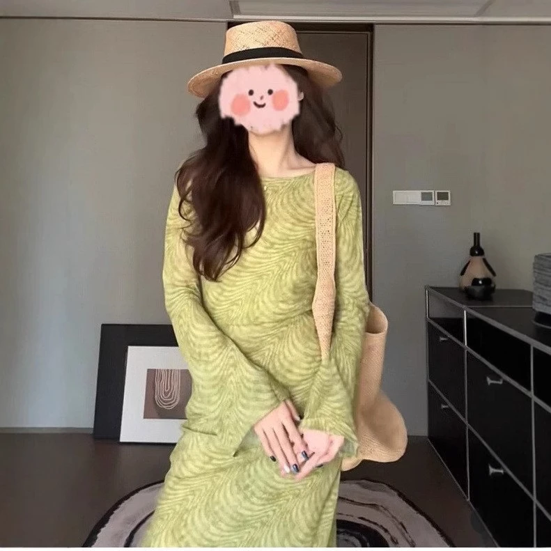 【绿野诗行】夏季女法式复古气质印花显瘦修身长袖连衣裙