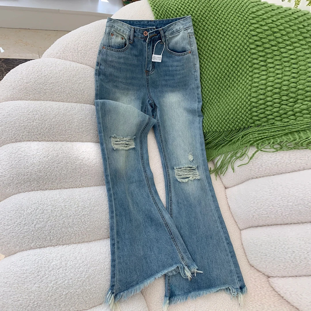 浅蓝破洞微喇牛仔裤女2025春夏新款高腰宽松不贴腿显瘦拖地喇叭裤