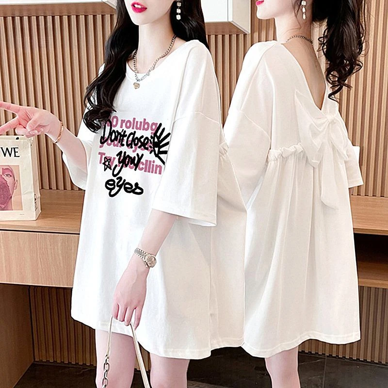 设计感蝴蝶结网红露背纯棉100%短袖T恤女夏季新款韩版中长款上衣