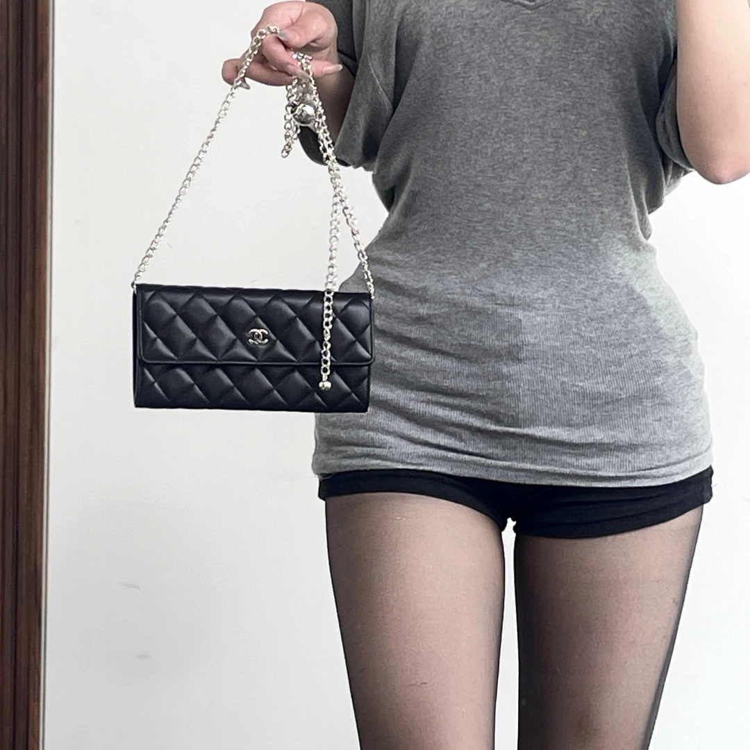 95新 Chanel/香奈儿 chanel黑银菱格纹长钱包