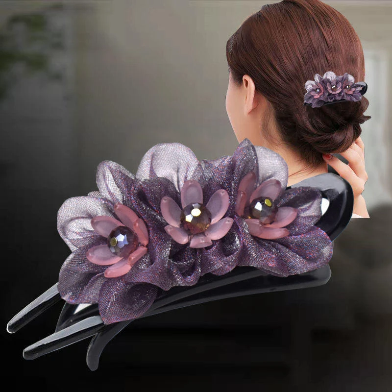 韩版鸭嘴夹娟纱花朵布艺发夹盘发妈妈款后脑勺发卡高级感抓夹发饰