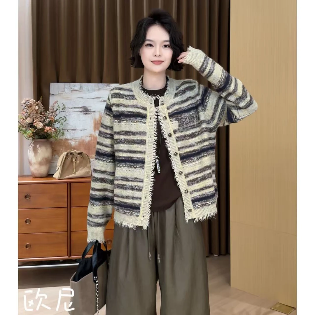 欧尼私服 2025秋季慵懒感小香风条纹针织开衫百搭外套2508C5088